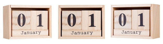 Wooden calendar a set of dates of the month 01 January on a white and transparent background closeup