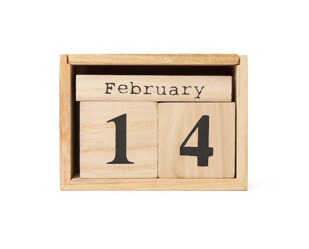 Photo wooden calendar with date 14 february isolated on white background, holiday valentine's day