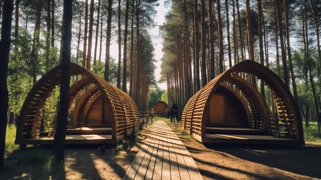 Photo wooden camping arbors with all conviniences in a pine forest