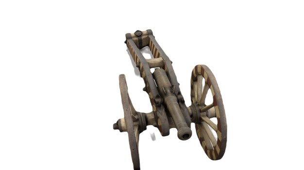 A wooden cannon with a wooden wheel.