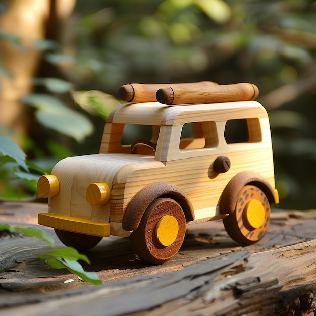 Foto auto di legno nella foresta di pini