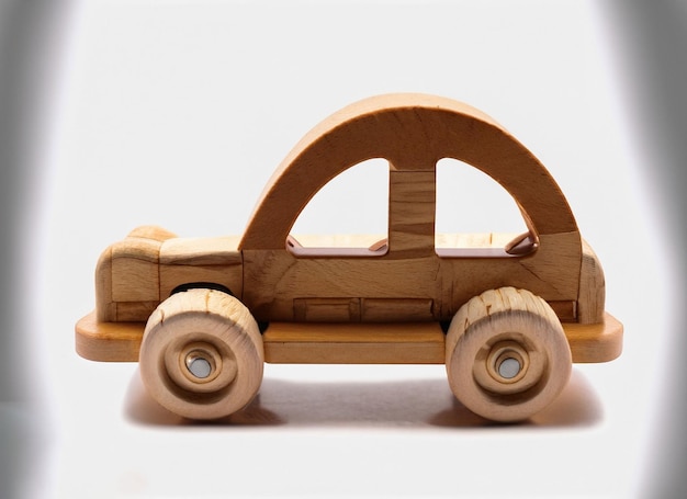 Wooden Car Toy On White Background generative ai