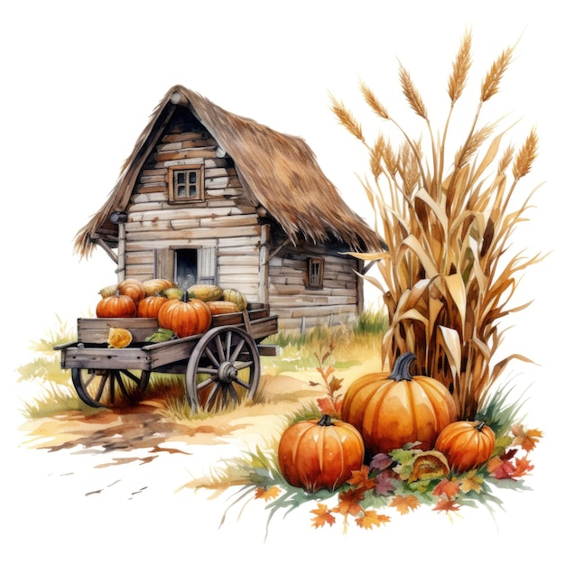 Wooden cart with pumpkins autumn leaves and flowers Generative AI