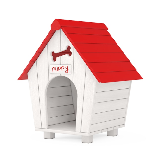 Wooden Cartoon Dog House with Red Roof and Puppy Sign on a white background. 3d Rendering