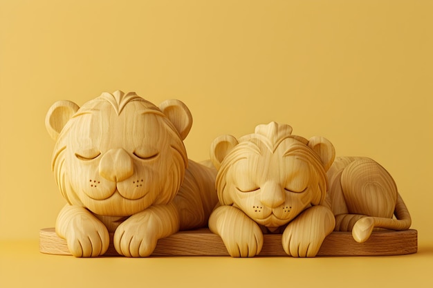 Деревянные резные фигуры спящих львов в простых формах и светло-желтых тонах
