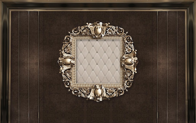 Wooden carved panels in a classic style with a frame for a picture and light wallpaper. 3d rendering