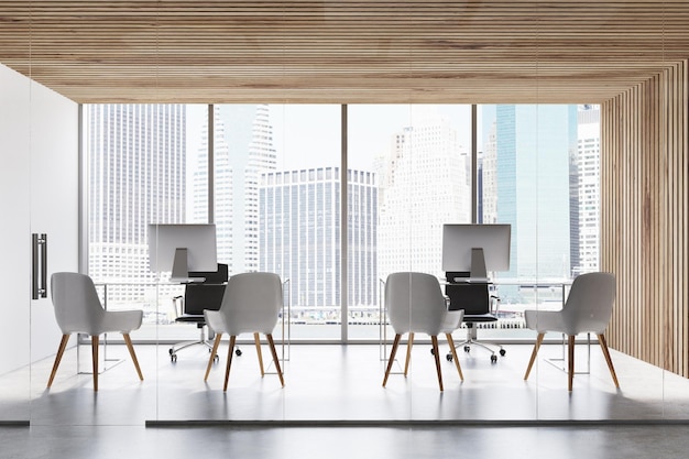 Wooden ceiling office two desks