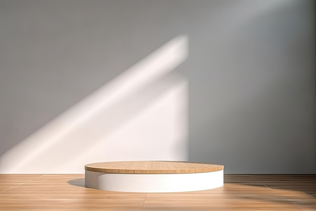 Wooden Ceramic Round Podium Stage In a Livingroom for Product Display Presentation Generated AI