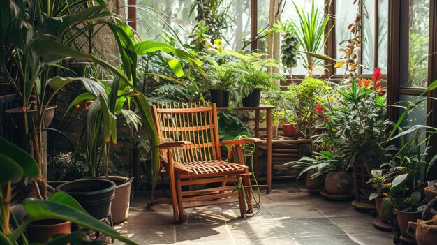 Wooden chair in a lush indoor garden setting Serene greenhouse with a variety of plants