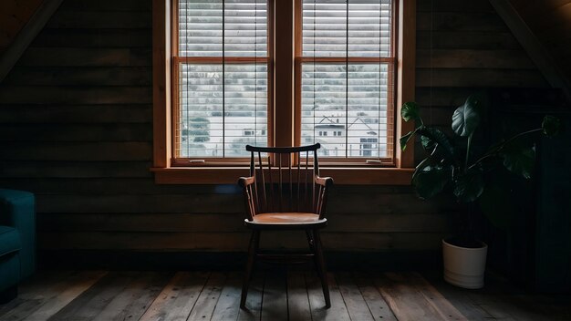 Wooden chair near the window with blinders