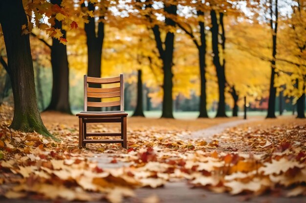 A wooden chair in a park with autumn leaves on the ground