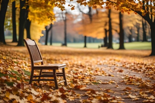 A wooden chair in a park with autumn leaves on the ground