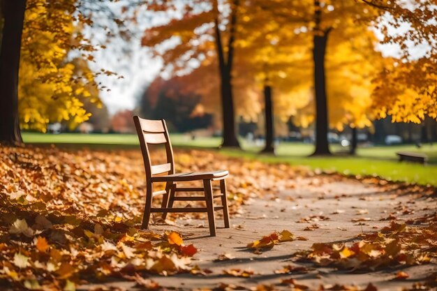Деревянный стул в парке с осенними листьями на земле