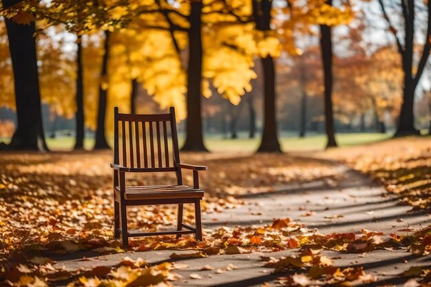 деревянный стул в парке с осенними листьями на земле