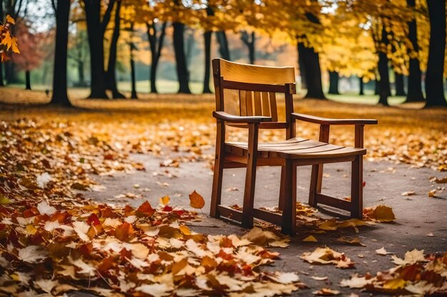 A wooden chair in a park with autumn leaves on the ground