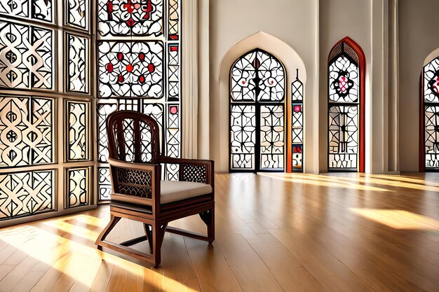 A wooden chair sits in front of a window with stained glass windows.