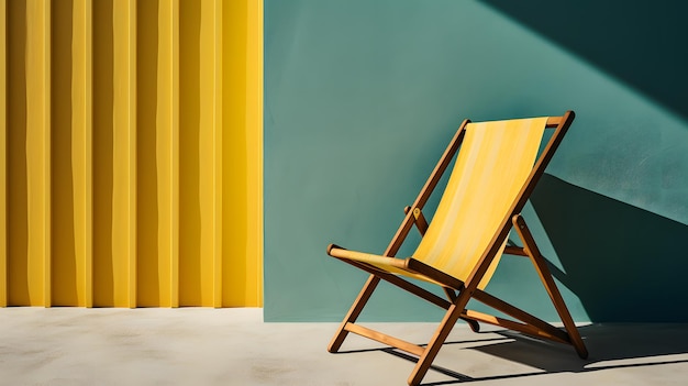 Wooden chair sitting in front of blue and yellow wall with yellow curtain Generative AI