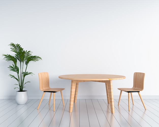 Wooden chair and tables in white room. 3D rendering 