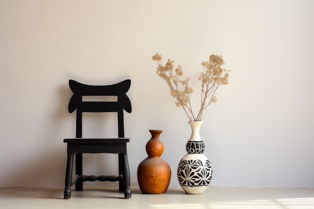 A wooden chair and two vases sit in front of a white wall