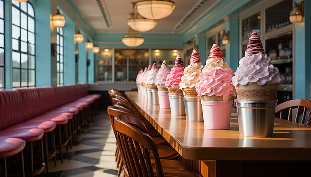 Wooden chair with a bowl of gourmet ice cream dessert generated by artificial intelligence