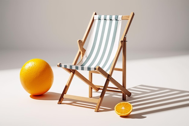 A wooden chair with a striped fabric and an orange on the side.