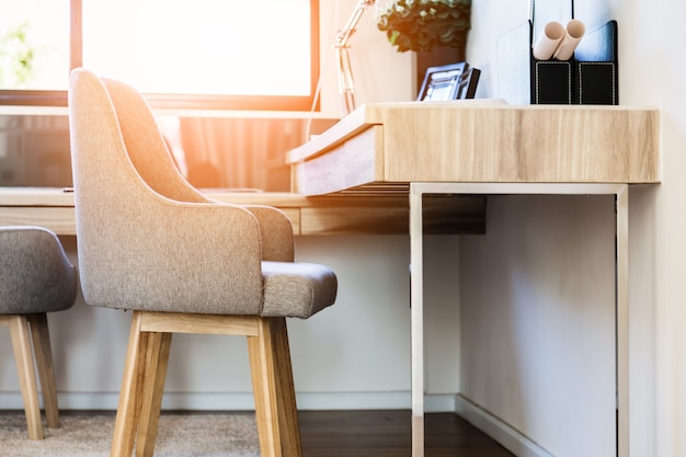 WOODEN CHAIR WITH WORKING TABLE INTERIOR 