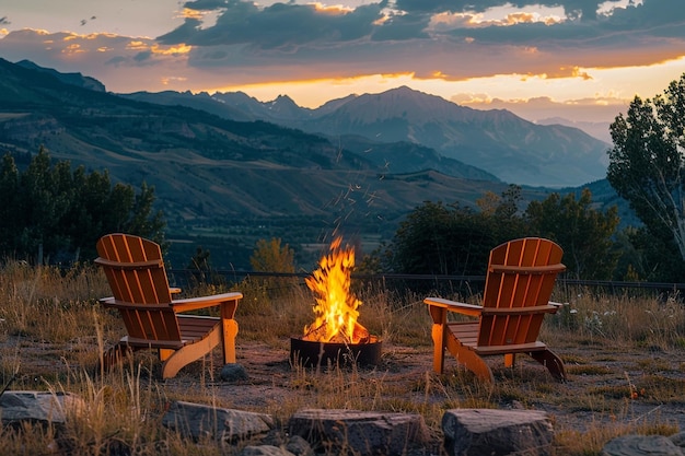 Wooden chairs near the bonfire on mountain meadow in sunset