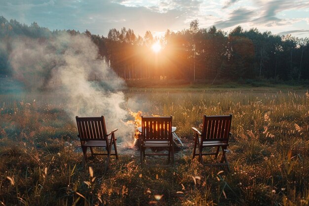 Wooden chairs near the bonfire in summer meadow sunset