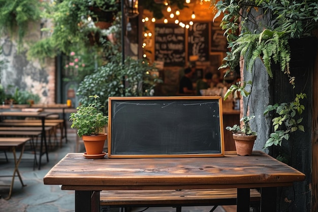 a wooden chalk board outside a restaurant