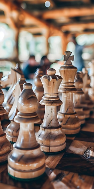 Photo wooden chess board setup