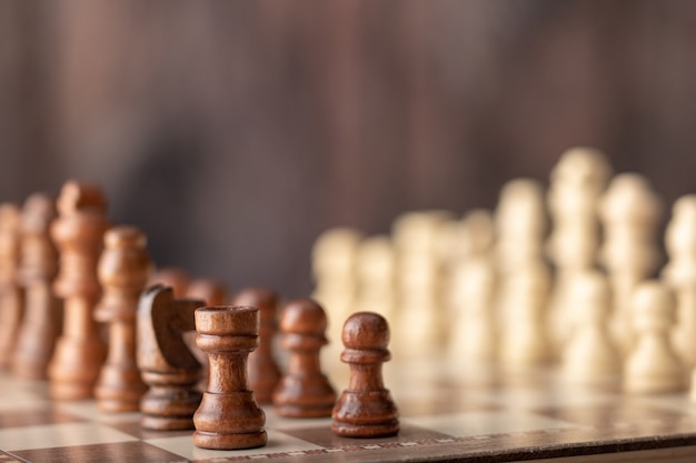 Wooden chess endways on the board