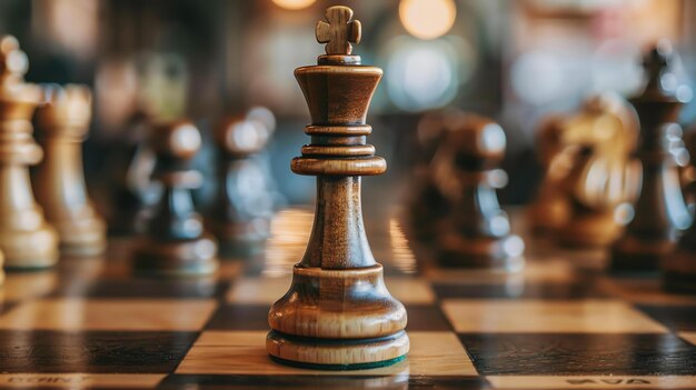 Photo a wooden chess piece on a chessboard the chess piece is the king the chessboard is made of wood the background is blurred