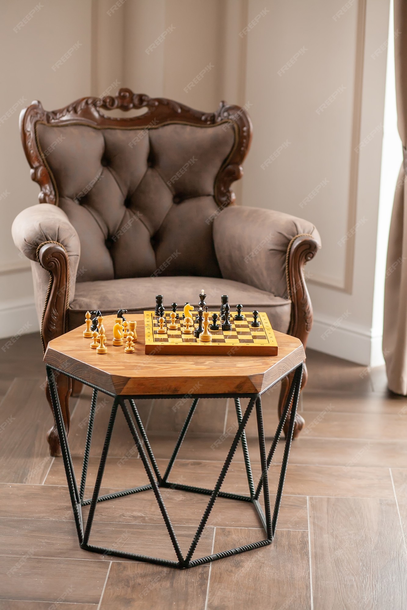 brown chess board with figures on a wooden table in a cafe, playing chess  Stock Photo - Alamy