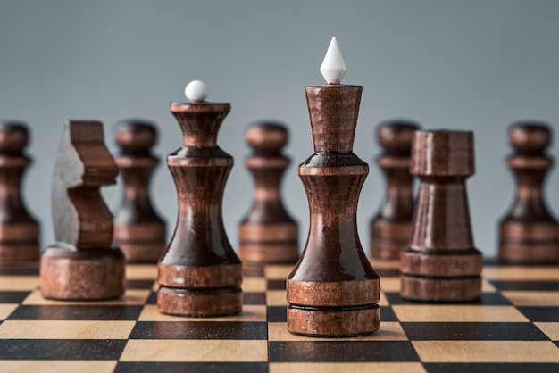 Wooden chess pieces on a chessboard, black king and queen in the foreground, concept, strategy, planning and decision making