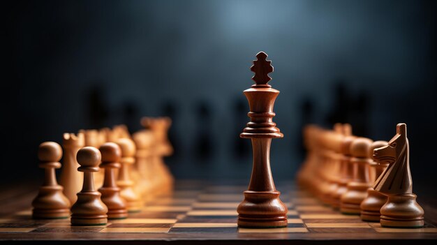 Wooden chess pieces and a chessboard on a blurred dark background