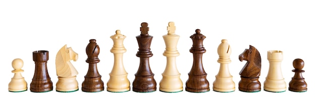 Wooden chess pieces isolated on white background