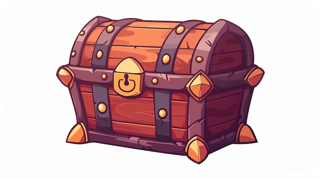 A wooden chest bound with metal straps and adorned with golden accents The chest is closed with a golden lock