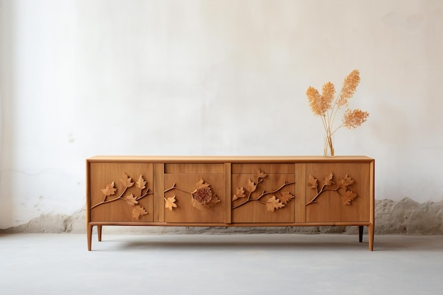 Wooden chest of drawers with dried flowers in the interior