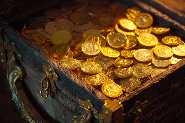 A wooden chest filled with gold coins