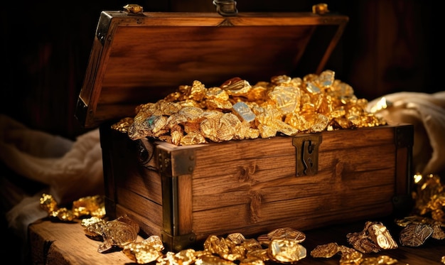 A wooden chest filled with gold coins