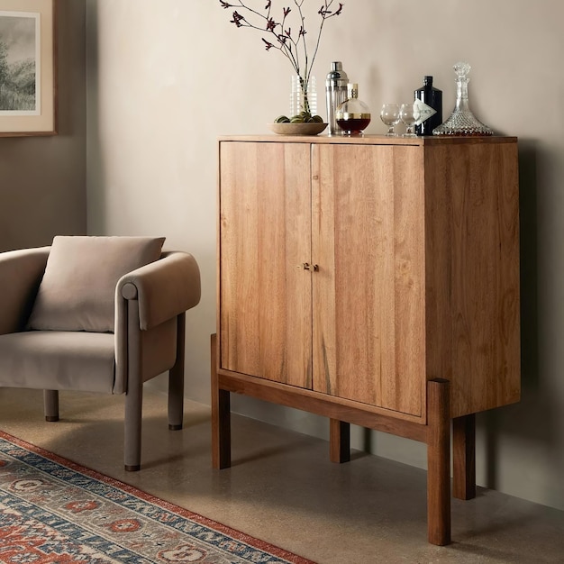 Wooden chest in modern apartment interior