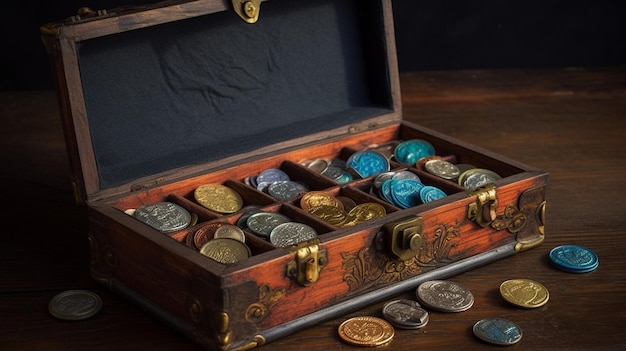 A wooden chest with coins and coins on it.