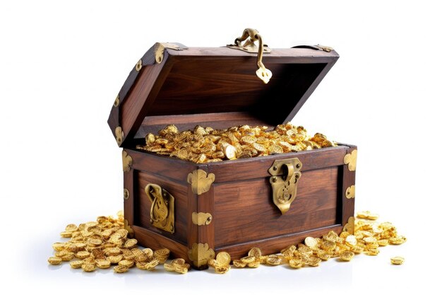 Wooden chest with full of gold riches concept digital illustration Generative AI