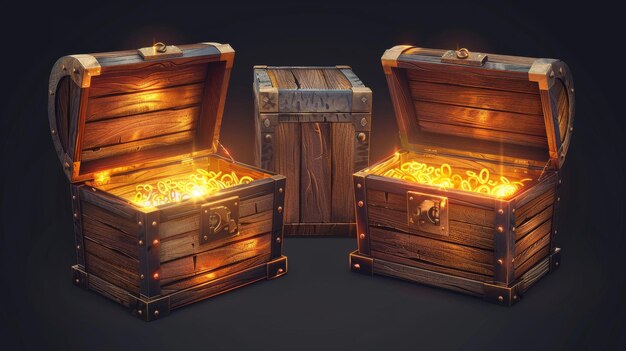 A wooden chest with an open and closed lid A pirate treasure box with a golden fetter inside An old wood trunk with a magical glow inside