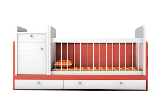 白い背景の上の木製の子供用ベッド