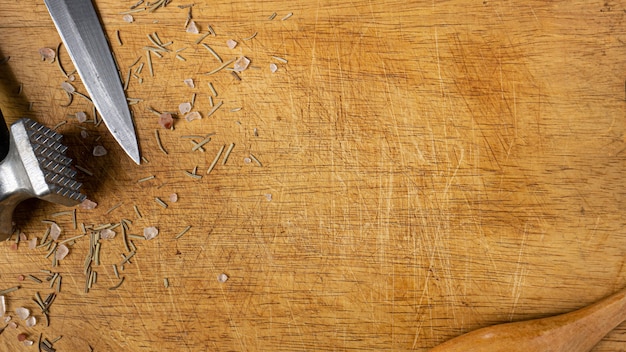 The wooden chopping board  and kitchen equipment top view for food concept