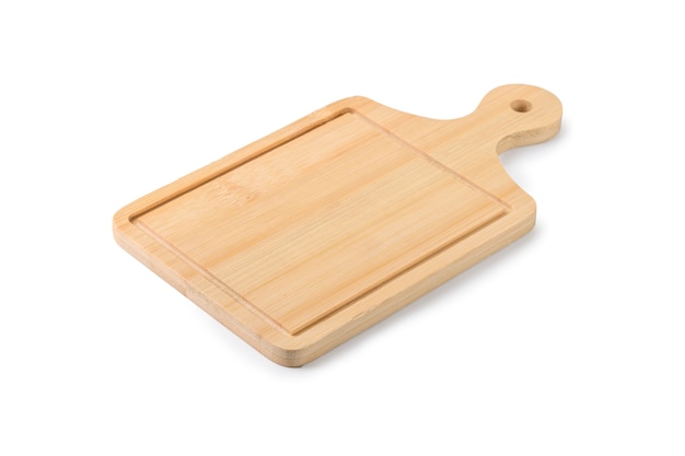 Wooden chopping board on a white