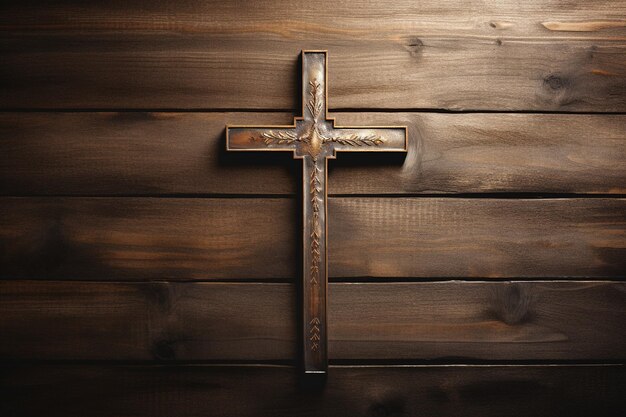 Wooden christian cross on a wooden backgroundChristian religion concept