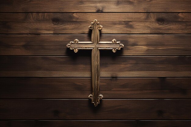 Wooden christian cross on a wooden backgroundChristian religion concept