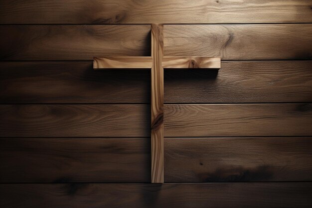 Wooden christian cross on a wooden backgroundChristian religion concept